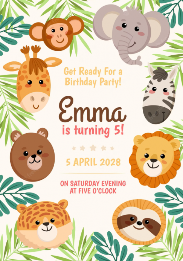 Desain undangan dengan karakter binatang kartun